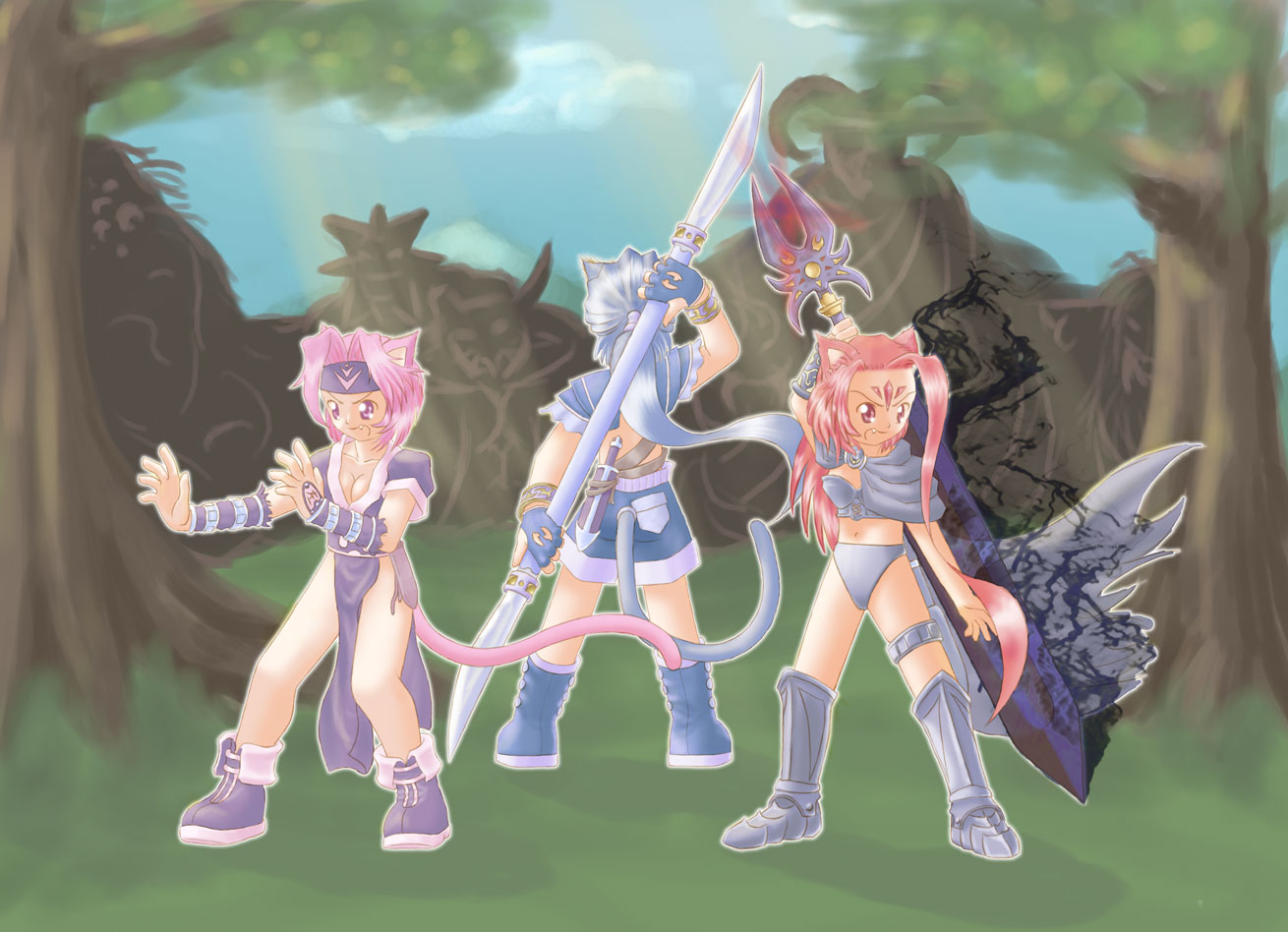 Catgirl Fighters
I hate this background (hence the no background version). Personally I prefer the black & white version over either of the coloured.
