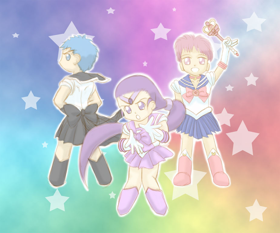 Sailor Scout Friends
Such a happy colourful picture~
I think I used a radial rainbow gradient and then multiplied it with a rendered cloud layer to get that background...

There's no black & white version of this picture as it'd just be the 3 seperate pictures stuck together.

From left to right, Phoe, Yuri and SoZ
