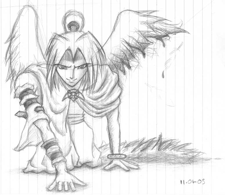 Angel Angst
An attempt at an angel with a wing hacked off while I was bored at home.

Mum's boyfriend wandered over to see what I was drawing and then stumbled off looking very worried >_>;;
Keywords: Angel