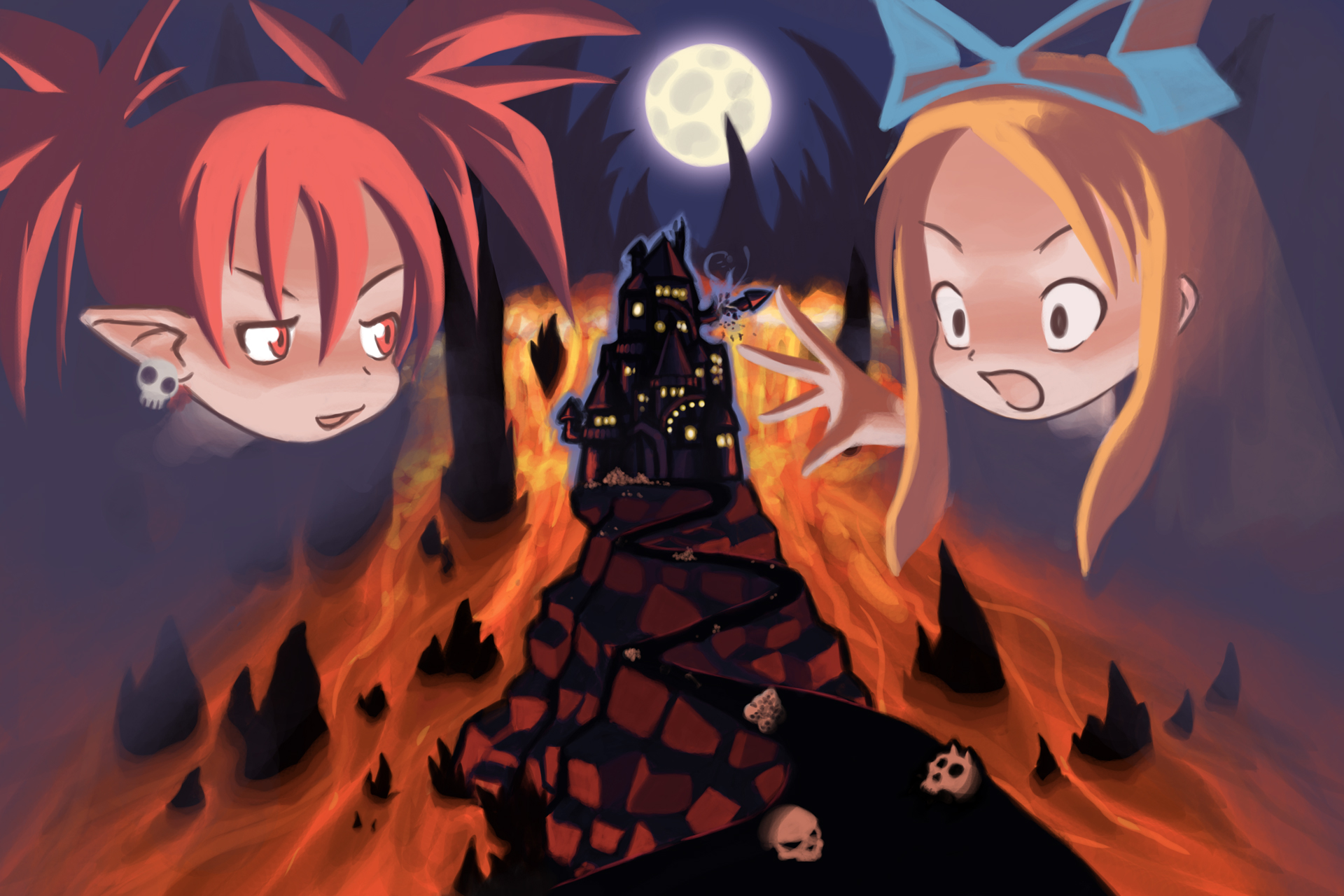 Laharl's Castle
Laharl dreamed of living in a castle on a river of lava. This is the 1:3000 scale model that he secretly built in his private chambers.
Of course, Etna picked the lock and crept in with Flonne while Laharl was away. Spying the model, they went to take a closer look, but Flonne just had to touch it. Perhaps Laharl won't notice a bit missing...

This took 4 days (1 to draw and 3 to colour)
Keywords: Disgaea Etna Flonne Castle