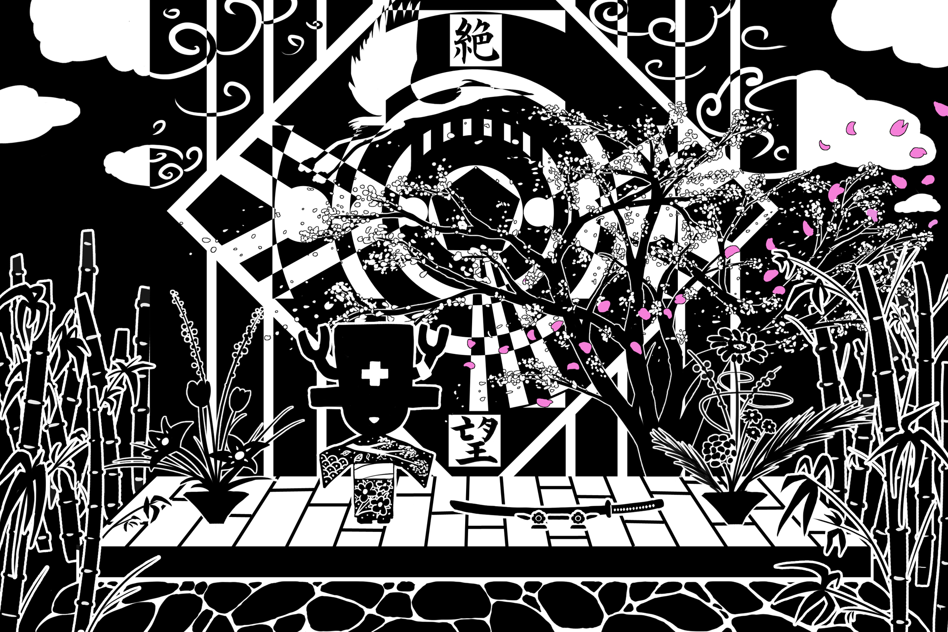 Chopper and the Land of Despair
One night after a meal of Giant Bluefin Buffalo, Chopper fell asleep, snoring loudly. He dreamt a vivid dream of blackness and silence. A dream that he was dressed in a beautiful kimono and as he looked around, he spotted One Piece drifting by on a breeze. If only Luffy could see it.

This took 3 days. 
Keywords: One Piece Tony Tony Chopper Kimono Zetsubou Sakura Bamboo Clouds