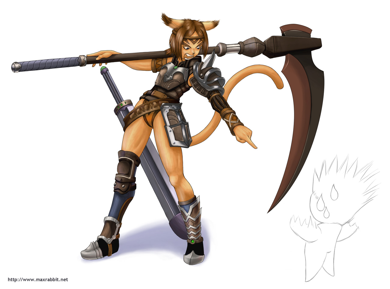 Xylia angry
Xylia's always complaining about useless people that don't know how to play their own jobs, so I thought I'd draw a picture of her screaming at one of them~

There's nothing really new in this picture - there's fewer lights than the previous Hell-Yuri but I think I've finally worked out how to make shiny things look less stupid (though only marginally).
Keywords: Final Fantasy XI Mithra Taru Xylia Scythe